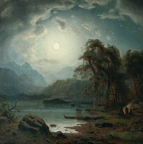Nachtlandschaft im Mondschein mit Jägern am Feuer
